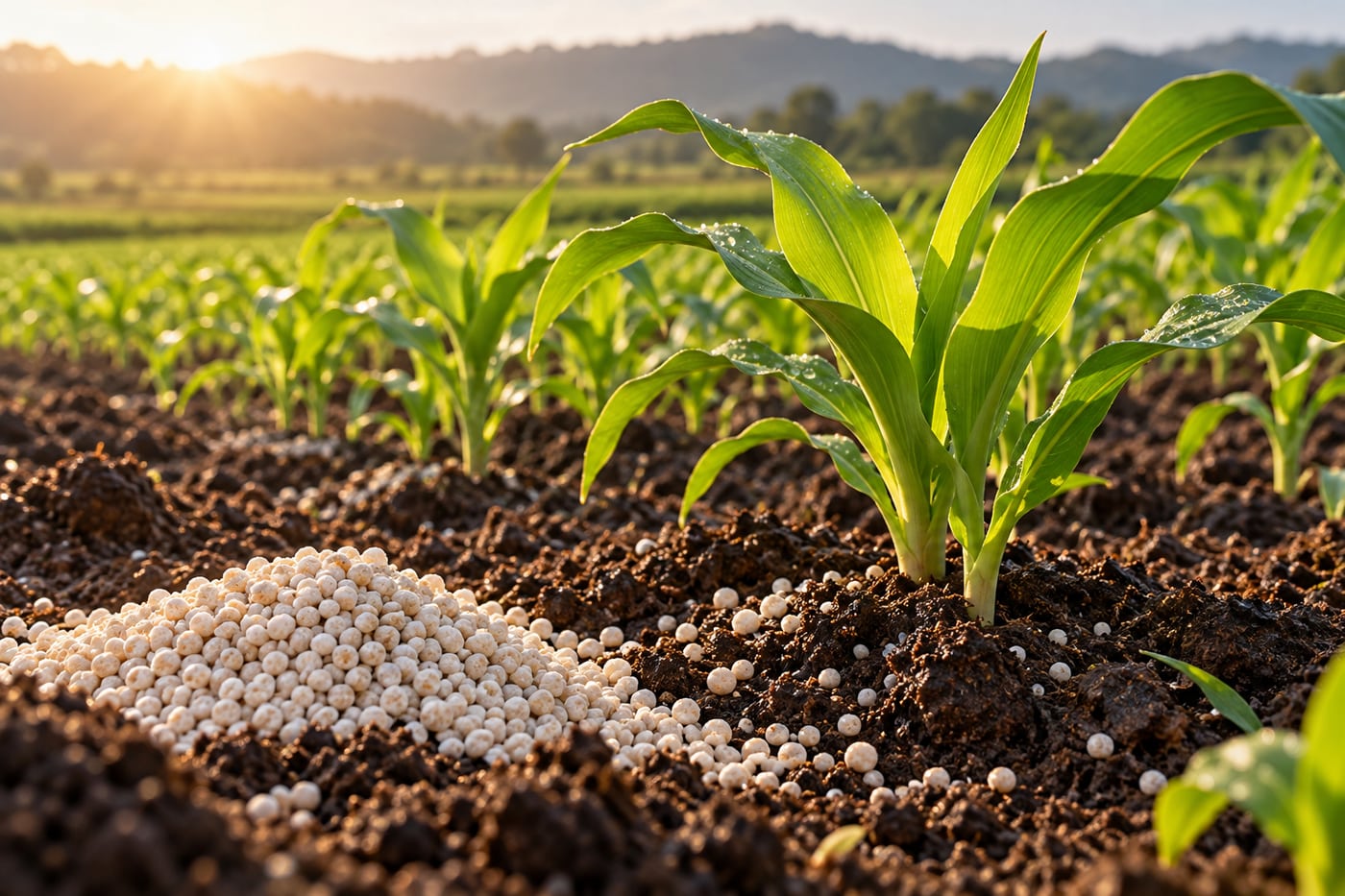 Granular fertilizer beside young crop seedlings in cultivated soil