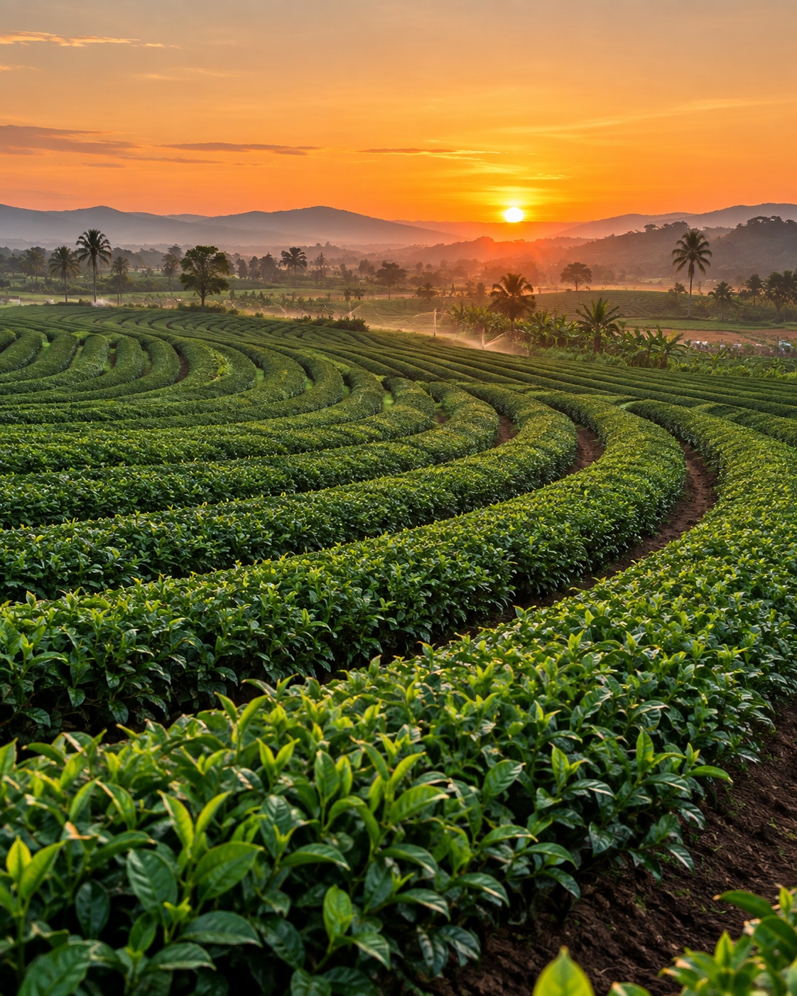 Curved green crop fields at sunrise on a farm in Thailand