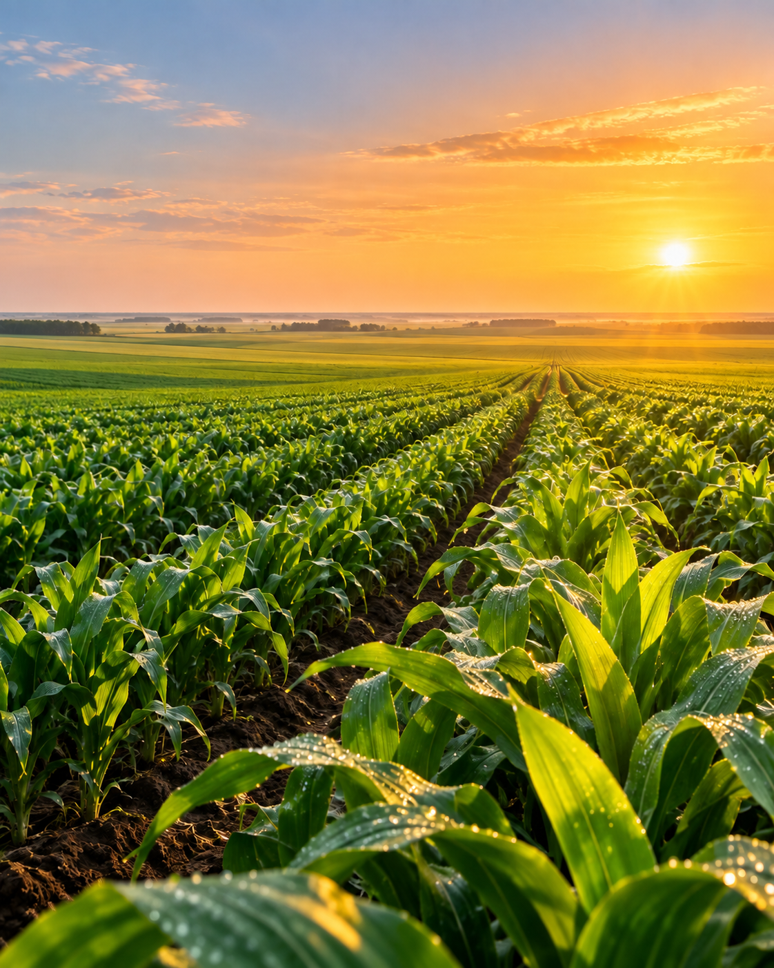 Healthy green crop fields extending toward a flat sunrise horizon